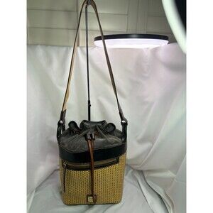 Dooney & Bourke Woven Straw Drawstring Bucket Bag Black Leather Trim Crossbody